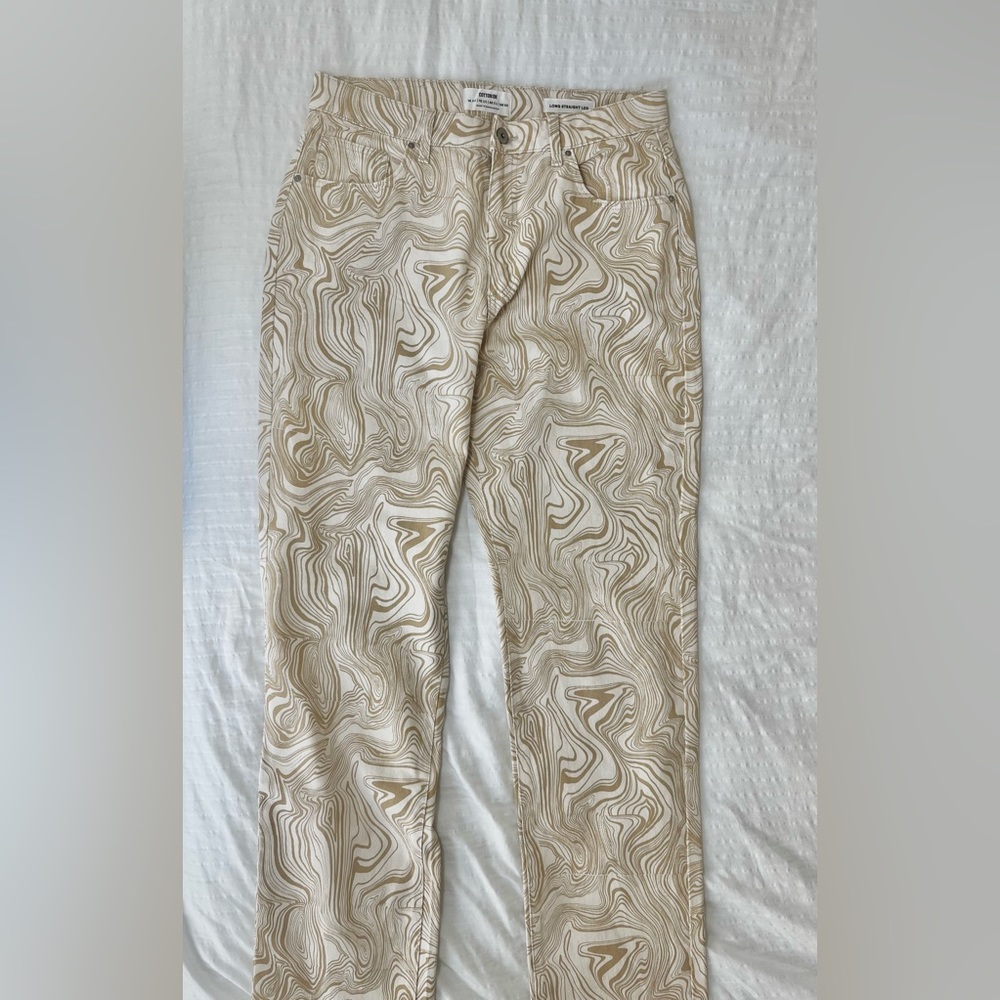 Cotton On Long Straight Leg Jeans, Beige with Tan Swirls, Size 10